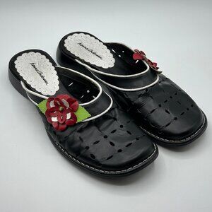 Hanna Andersson Women's Leather Mules Black Red Floral Applique Size 39
